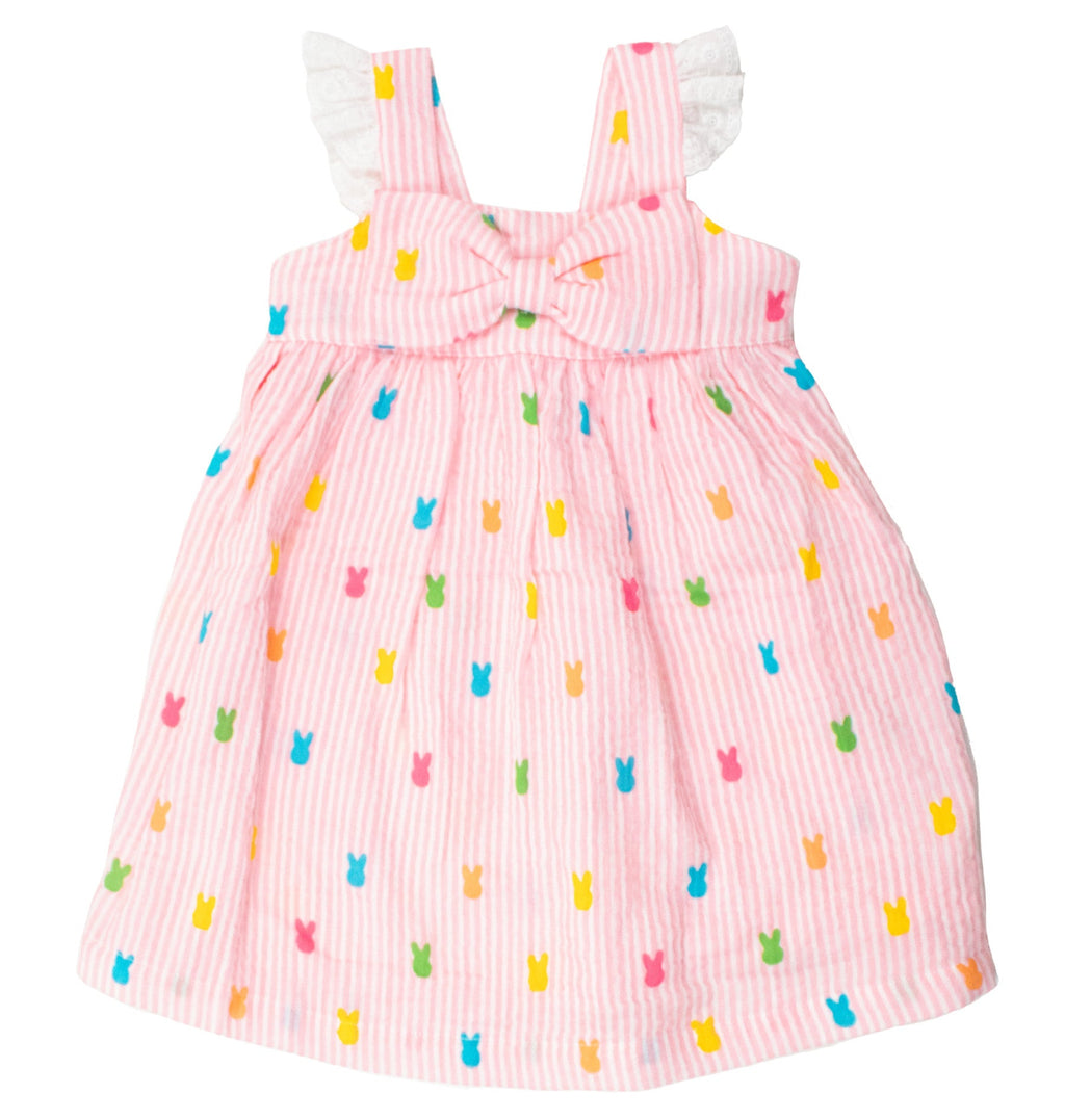 Pink Bunny Stripe - Cotton Gauze Flutter Bow Woven Dress