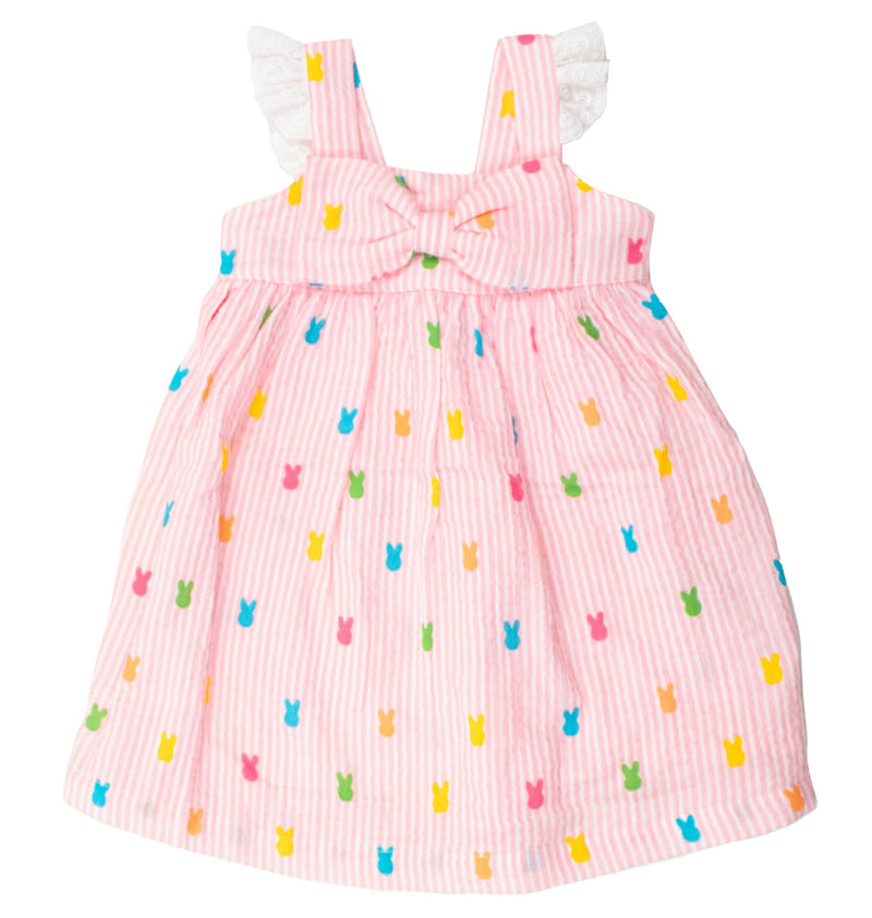 Pink Bunny Stripe - Cotton Gauze Flutter Bow Woven Dress