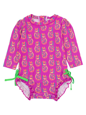 Neon Violet Pineapples - Girls Long Sleeve Rash Guard One Piece