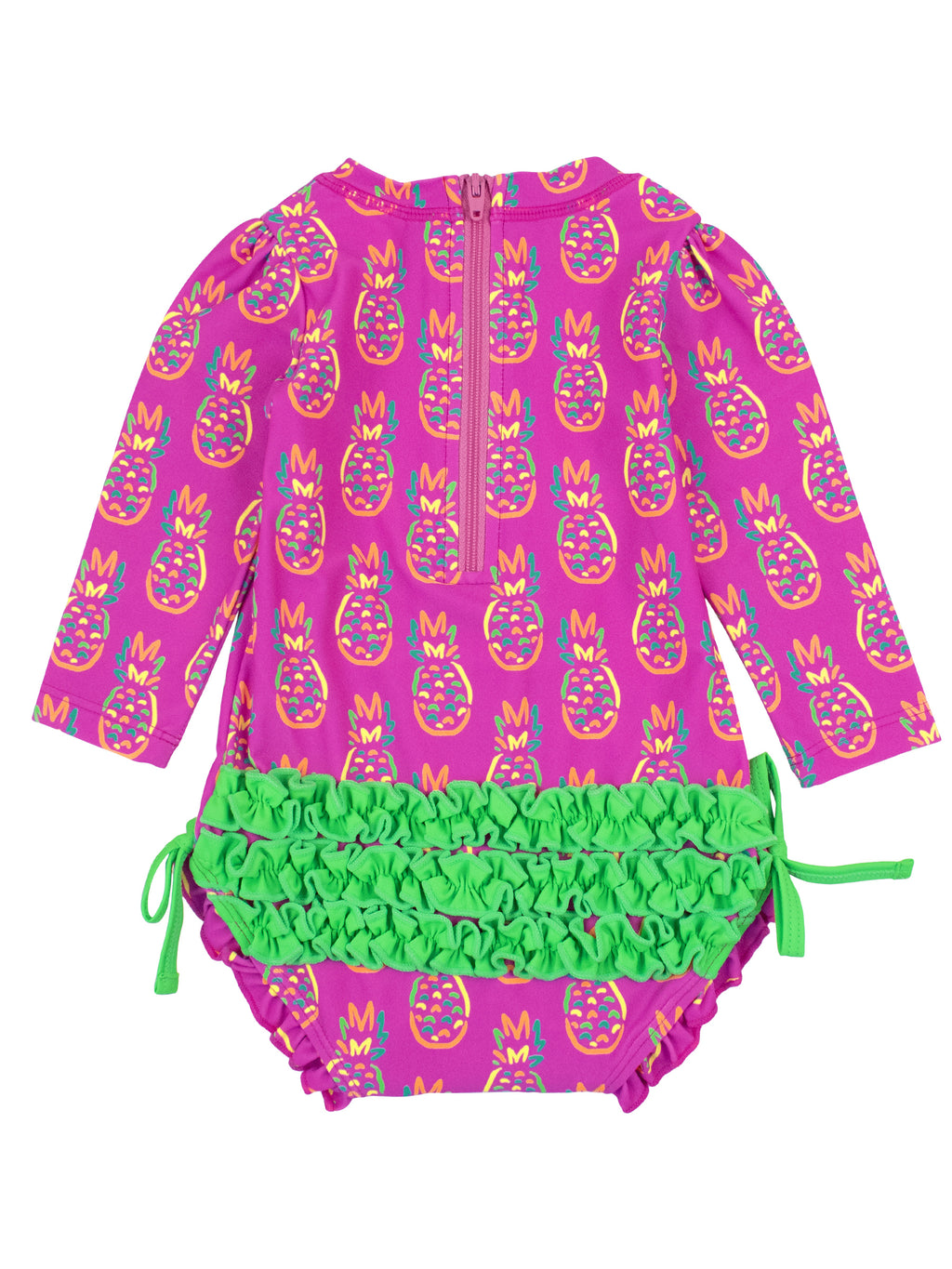 Neon Violet Pineapples - Girls Long Sleeve Rash Guard One Piece