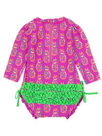 Neon Violet Pineapples - Girls Long Sleeve Rash Guard One Piece