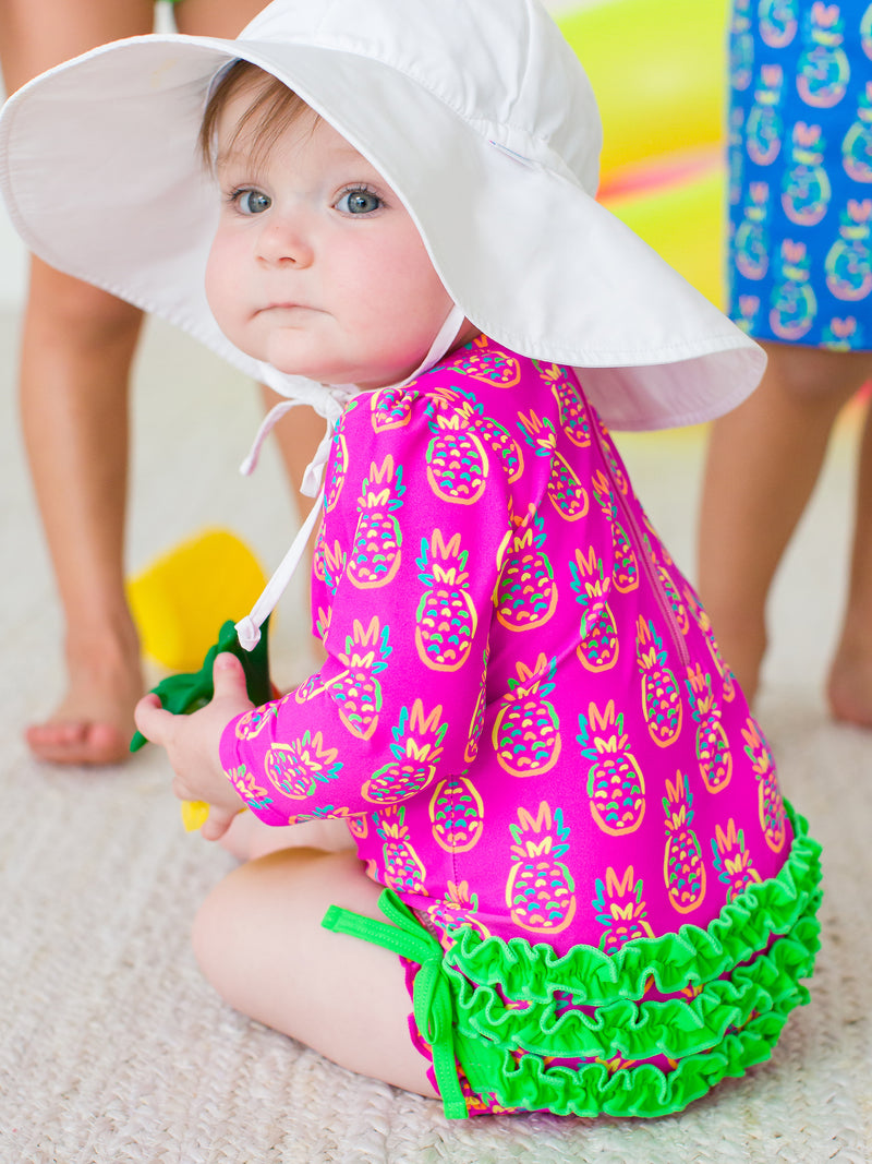 Neon Violet Pineapples - Girls Long Sleeve Rash Guard One Piece