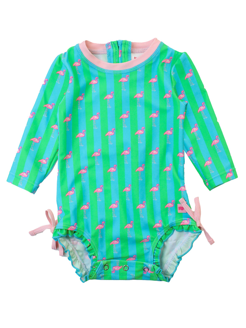 Neon Flamingo Stripe - Girls Long Sleeve Rash Guard One Piece