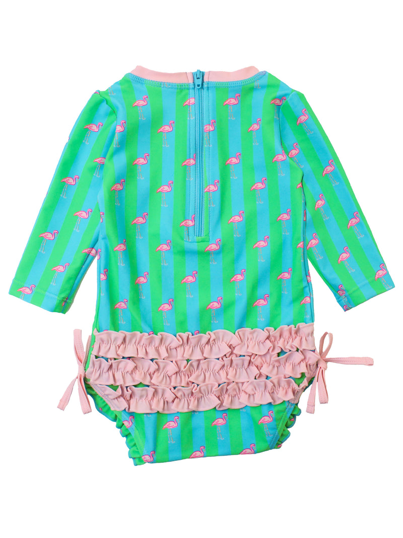 Neon Flamingo Stripe - Girls Long Sleeve Rash Guard One Piece