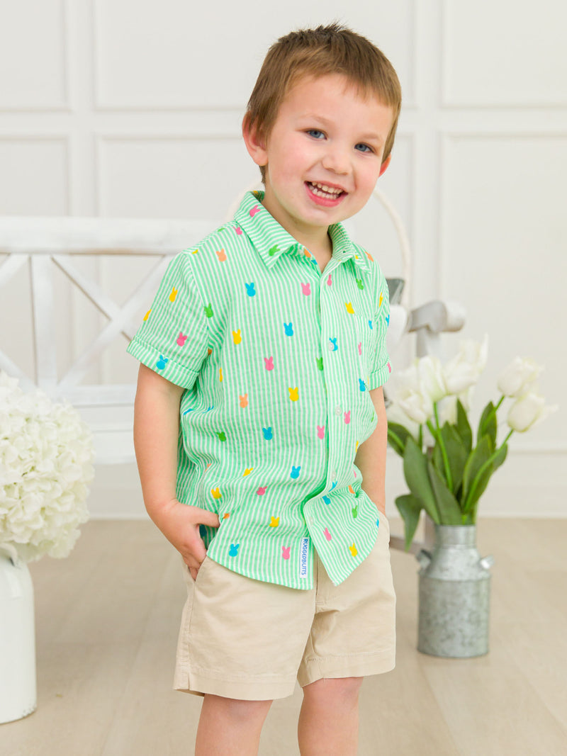 Green Bunny Stripe - Cotton Gauze Short Sleeve Button Down Shirt