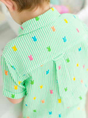 Green Bunny Stripe - Cotton Gauze Short Sleeve Button Down Shirt