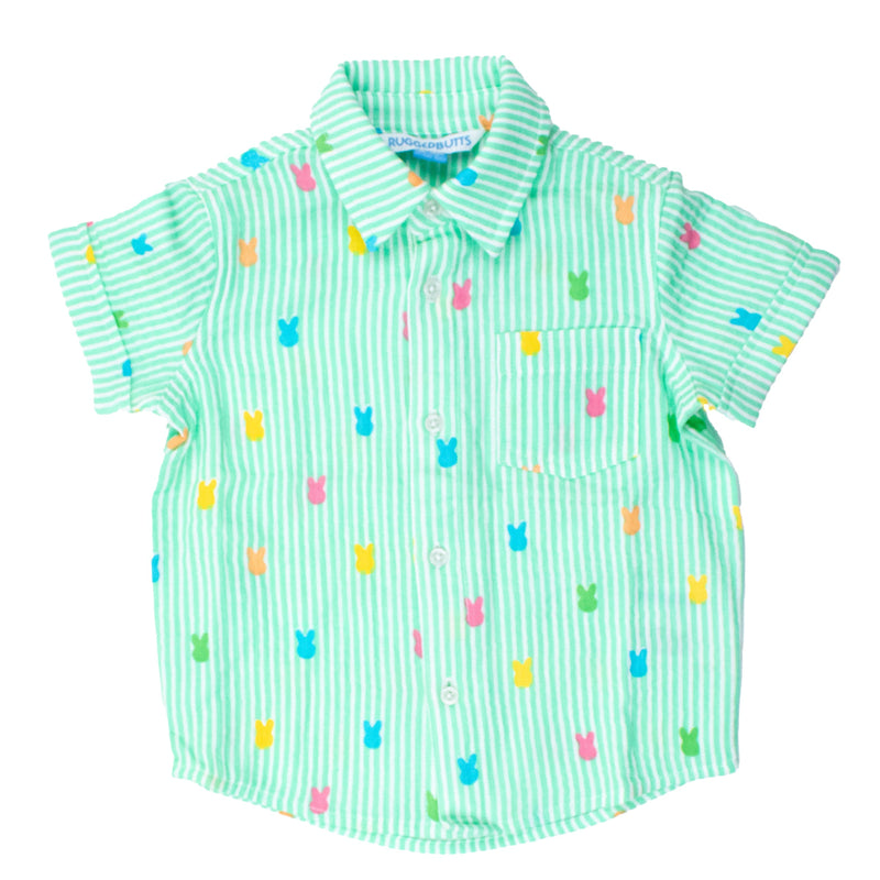 Green Bunny Stripe - Cotton Gauze Short Sleeve Button Down Shirt