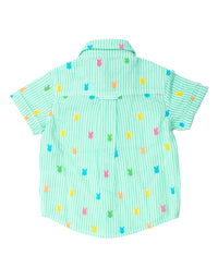 Green Bunny Stripe - Cotton Gauze Short Sleeve Button Down Shirt