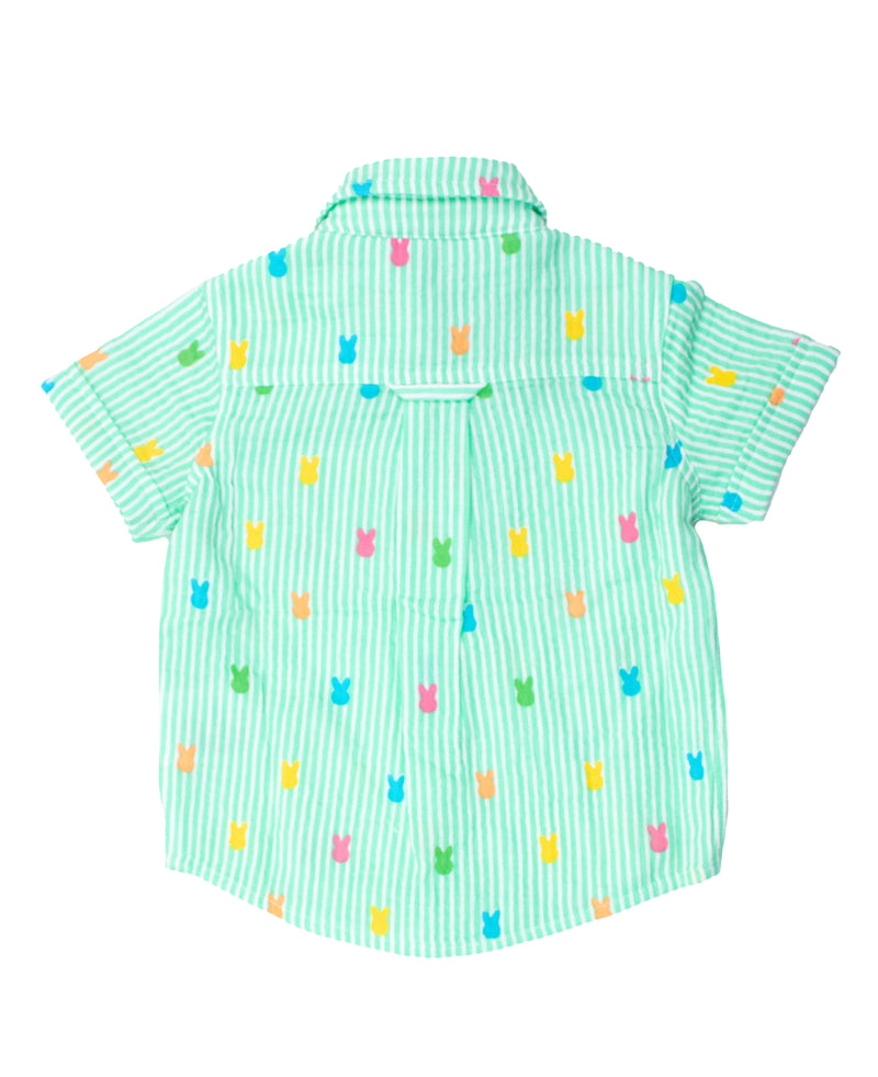 Green Bunny Stripe - Cotton Gauze Short Sleeve Button Down Shirt