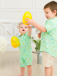 Green Bunny Stripe - Cotton Gauze Short Sleeve Button Down Shirt