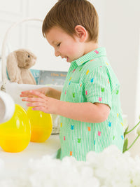 Green Bunny Stripe - Cotton Gauze Short Sleeve Button Down Shirt