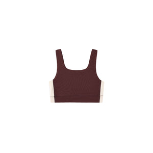 Burgundy sports bra with white side stripes on a white background