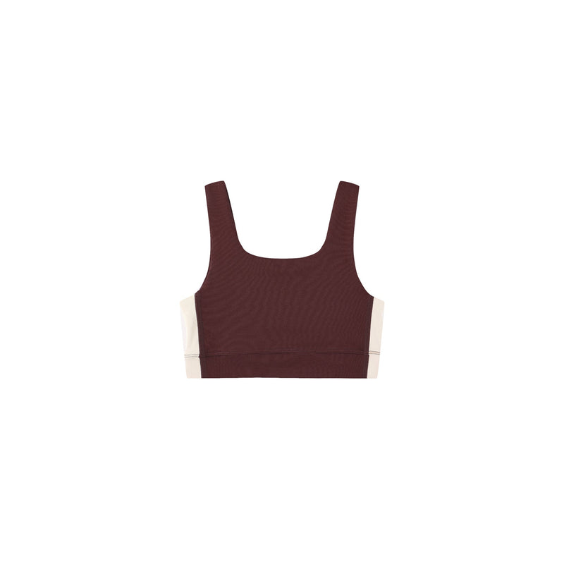Burgundy sports bra with white side stripes on a white background