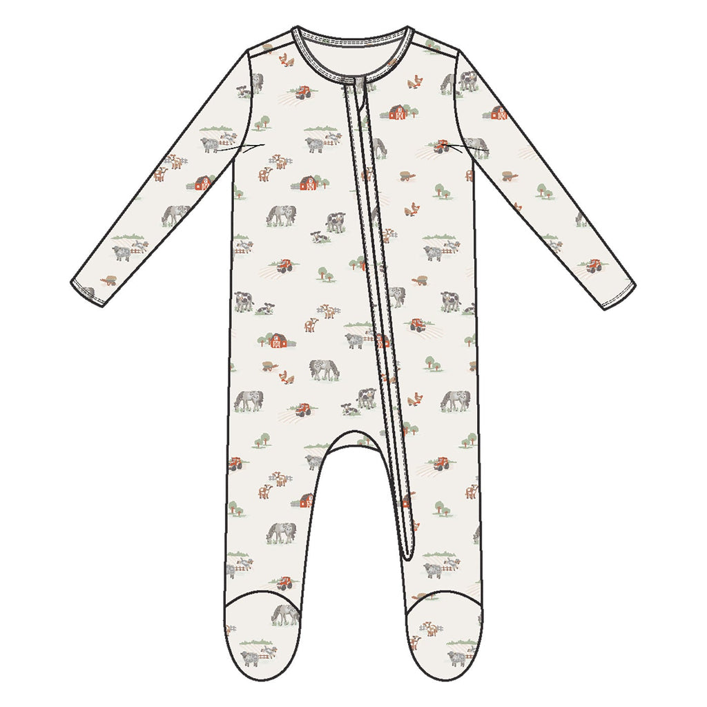 Baby onesie with farm pattern on a white background