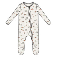 Baby onesie with farm pattern on a white background