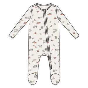 Baby onesie with farm pattern on a white background