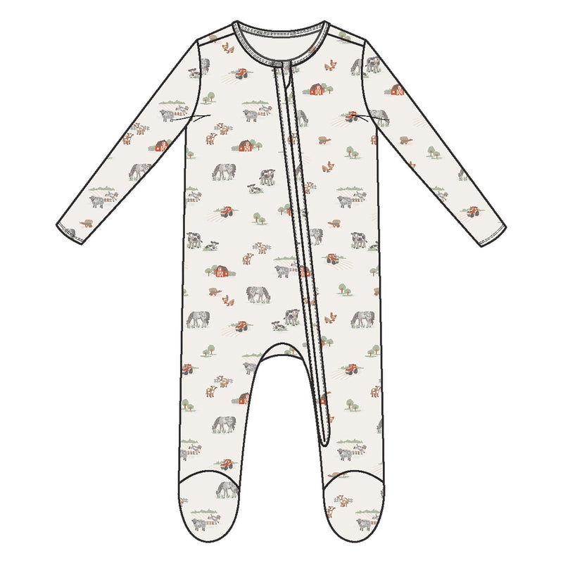 Baby onesie with farm pattern on a white background