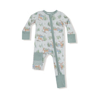 Baby onesie with forest animal pattern on a white background