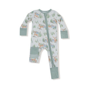Baby onesie with forest animal pattern on a white background