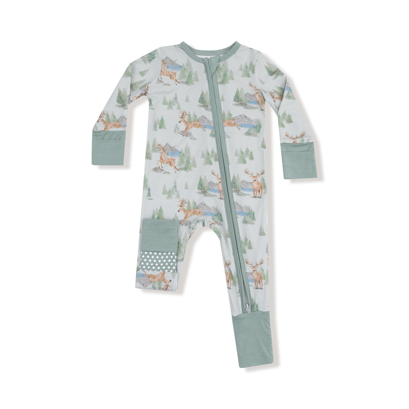 Baby onesie with forest animal pattern on a white background