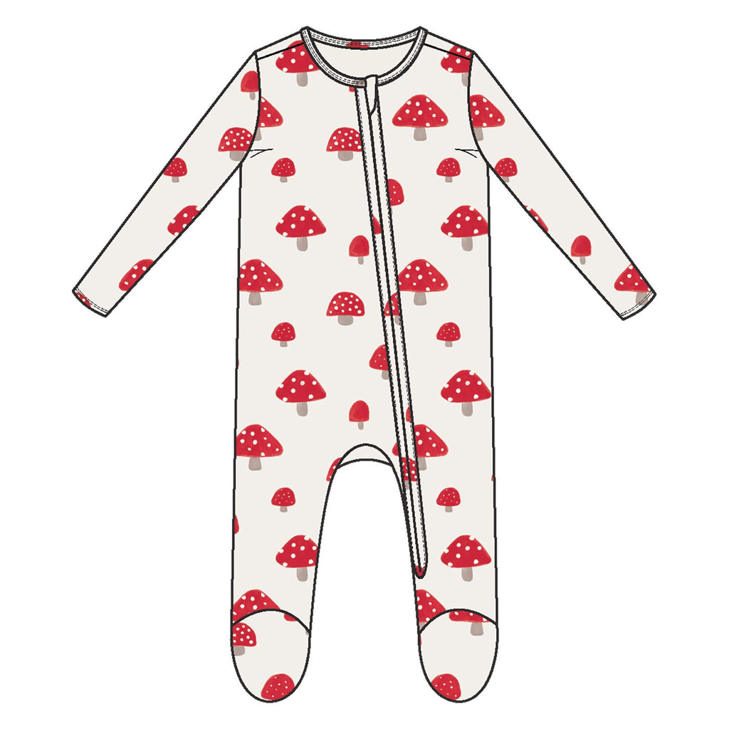 White baby onesie with red mushroom pattern on a white background