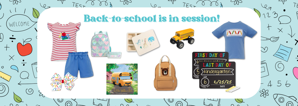 Back-to-school themed products including a backpack, shorts, and a t-shirt on a light blue background with school-related graphics.