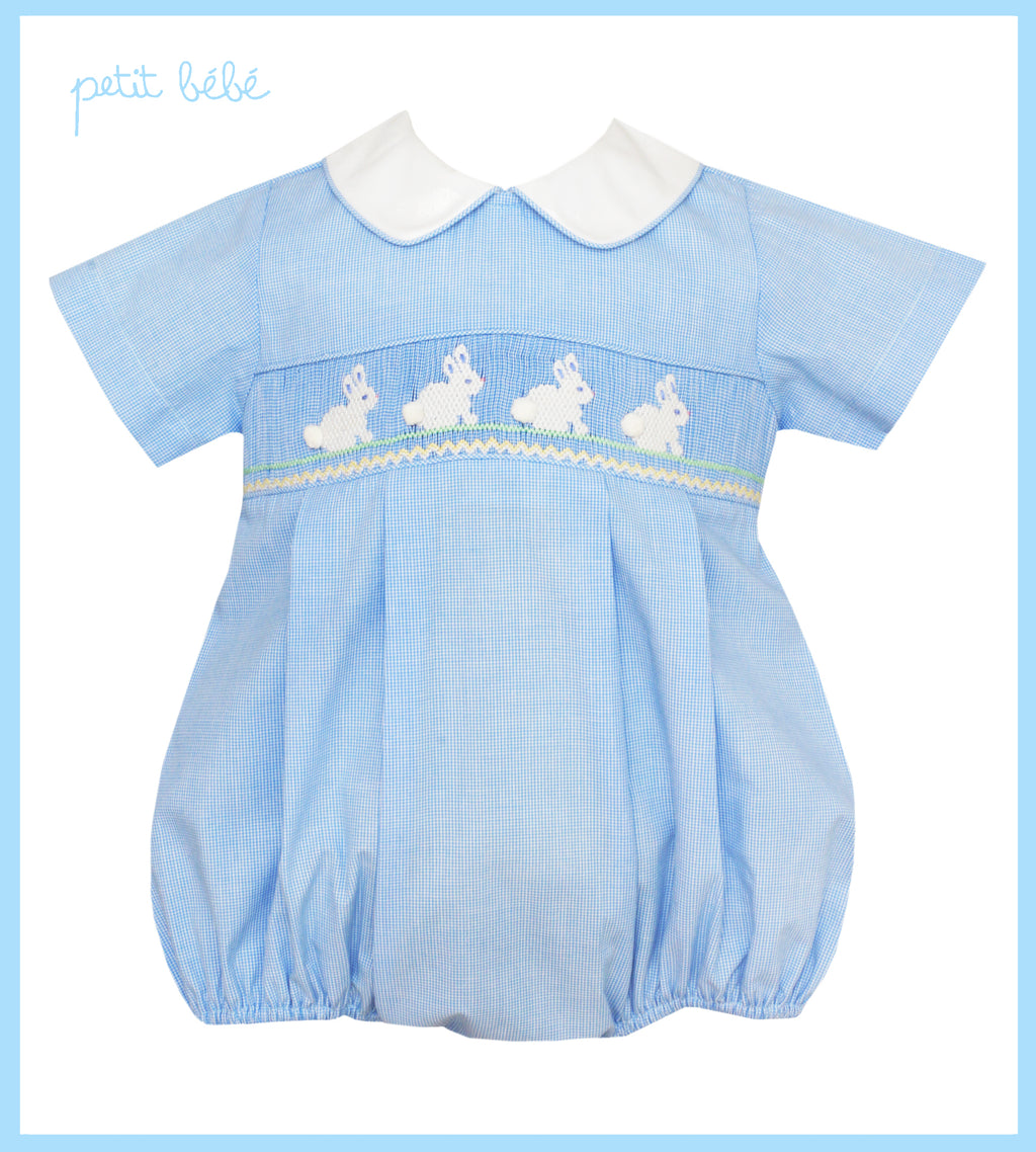 light blue micro check hand smocked bubble
