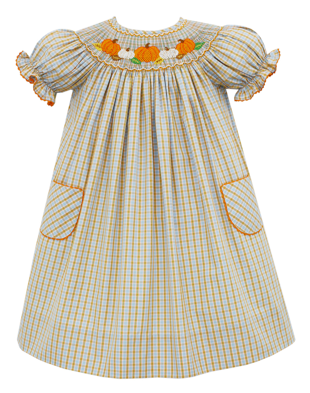 Pumpkins Blue Orange Plaid Smocked Bishop Dress with Pockets