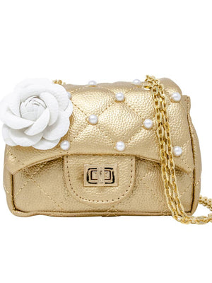 Classic Quilted Flower Pearl Handbag - Golden