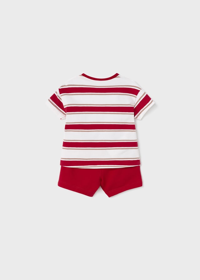Bear Pocket Striped Red Tee & Shorts Set