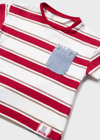 Bear Pocket Striped Red Tee & Shorts Set