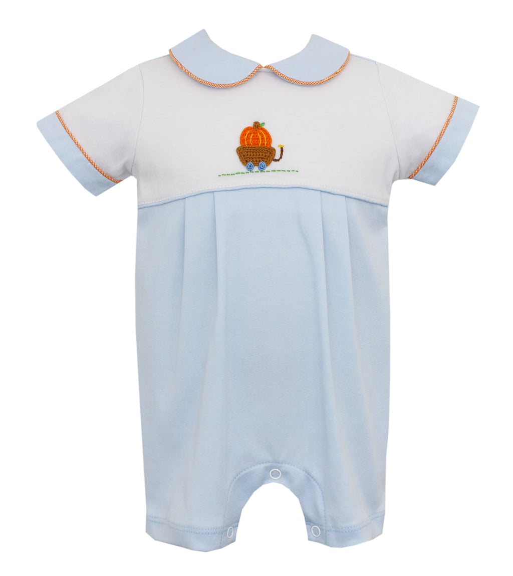 Blue & White Knit Crocheted Pumpkin in a Wagon Romper