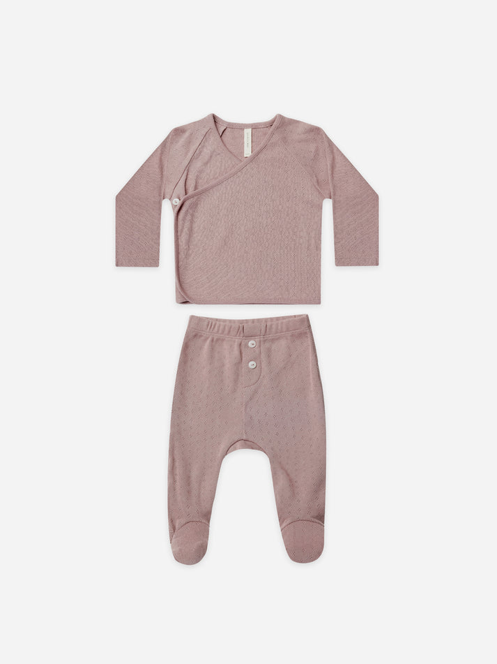 pointelle wrap top + footed pant set | lilac