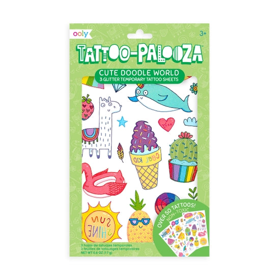 Tattoo Palooza Temporary Tattoo: Cute Doodle World Glitter