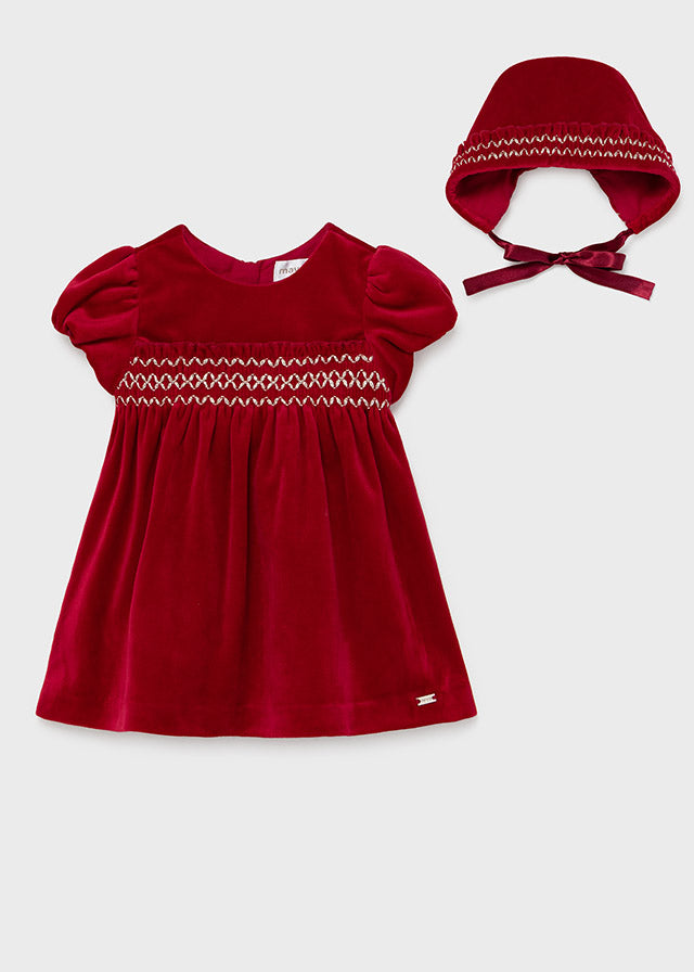 Red Velvet Baby Dress with Bonnet