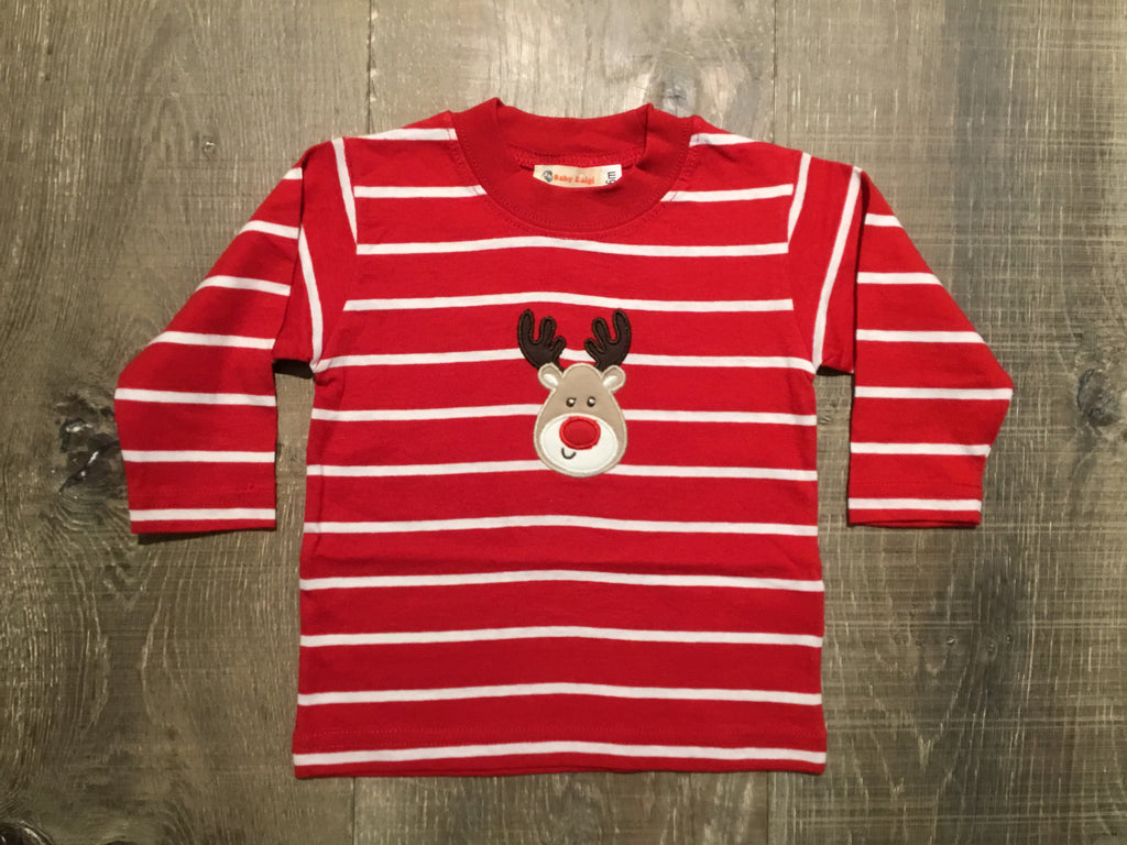 Rudolph on Red/White Striped L.S. Tee