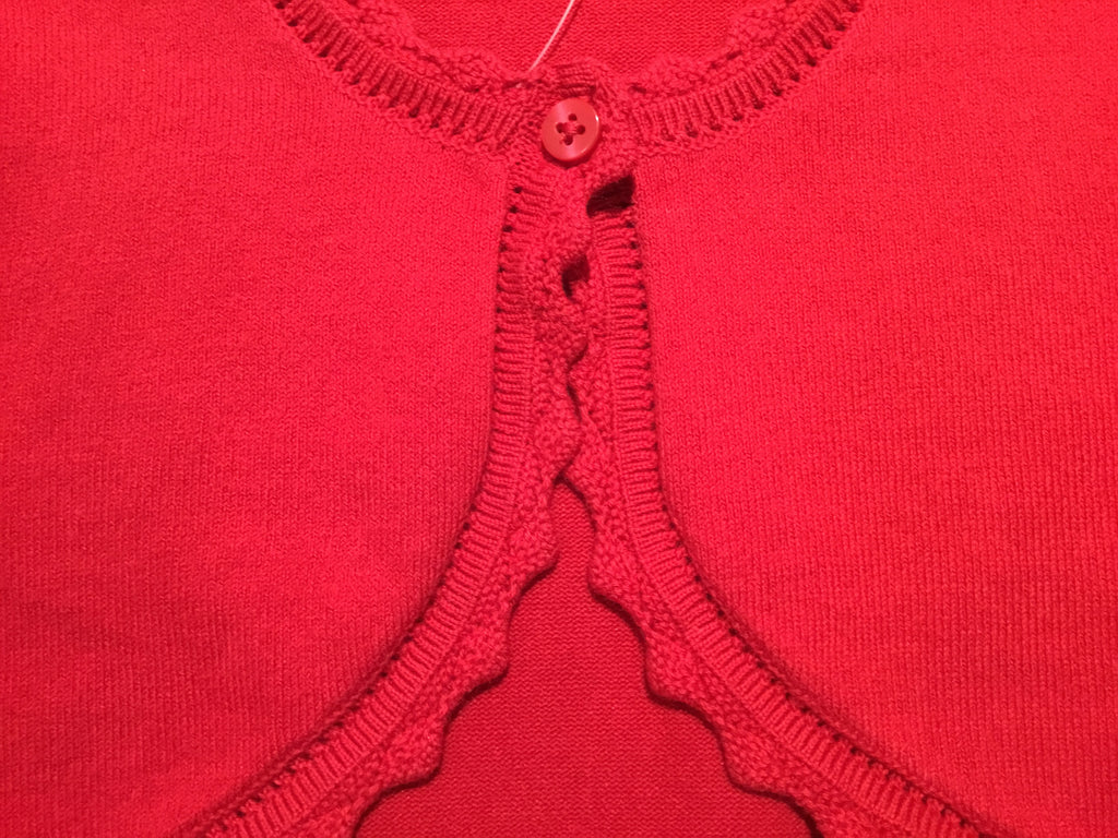 Red Knit Cardigan with Scalloped Trim