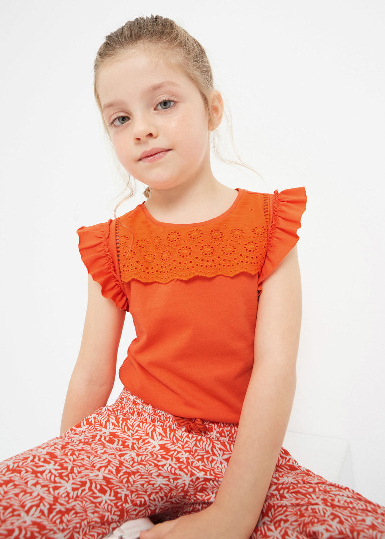 Orange Sleeveless Blouse with Embroidered Motif